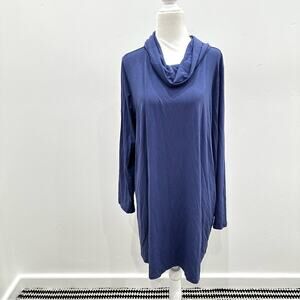 NWT Eileen Fisher Blue Viscose Jersey Funnel Neck Tunic Top.